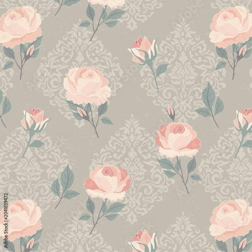 Seamless vintage floral pattern with pink roses, buds, leaves on beige damask background. Elegant shabby chic design for wallpaper, fabric, wedding stationery, home decor, gift wrapping paper.