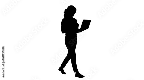 Fényképezés Person walking while using a laptop silhouette isolated on transparent backgroun