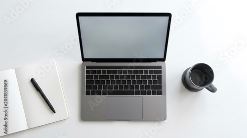 Minimalist Top View Workspace with Laptop Notebook and Coffee Mug