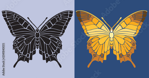 Canvastavla Elegant yellow butterfly with gradient wings contrasted against dark blue silhou