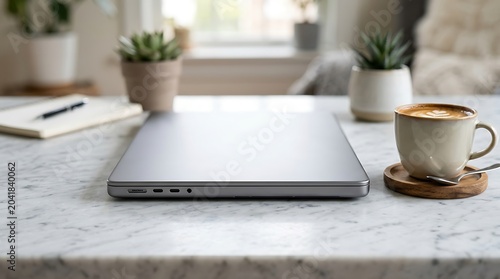 Modern Closed Laptop on Marble Desk with Coffee and Potted Plants