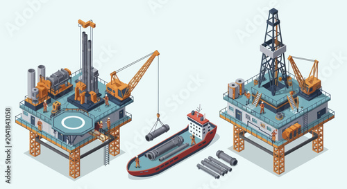 Offshore oil drilling platforms and cargo ship isometric illustration.