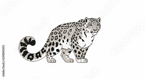 A pixelated illustration of a snow leopard with a thick, curled tail on a white background