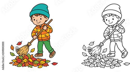 Foto Cheerful Child Raking Autumn Leaves - Seasonal Chores and Outdoor Fun