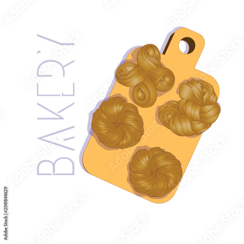 Fresh bakery buns vector illustration. Traditional baked pastry assortment in modern style, perfect for bakery branding, cafe menus, food packaging, restaurant design and breakfast related projects.