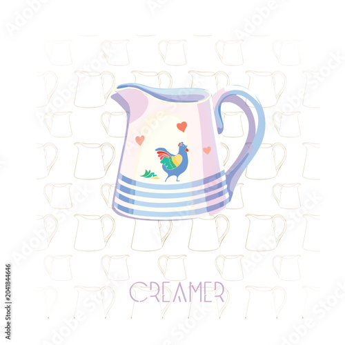 Vector illustration of a white milk jug with a rooster. This traditional, rustic milk jug is perfect for country-style projects.