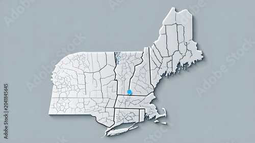 White Map of New England and Nearby Regions with Blue Pin in Central Area