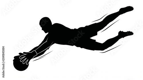 Dynamic soccer goalkeeper, diving, catching ball, sports silhouette, athletic motion