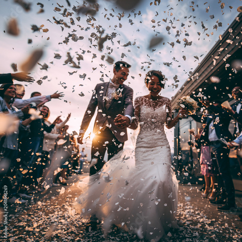 Couple celebrates wedding while guests throw confetti at sunset in outdoor venue