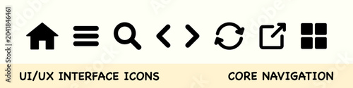 Essential ui ux navigation icon set, home menu search arrow refresh and dashboard grid for website interface design
