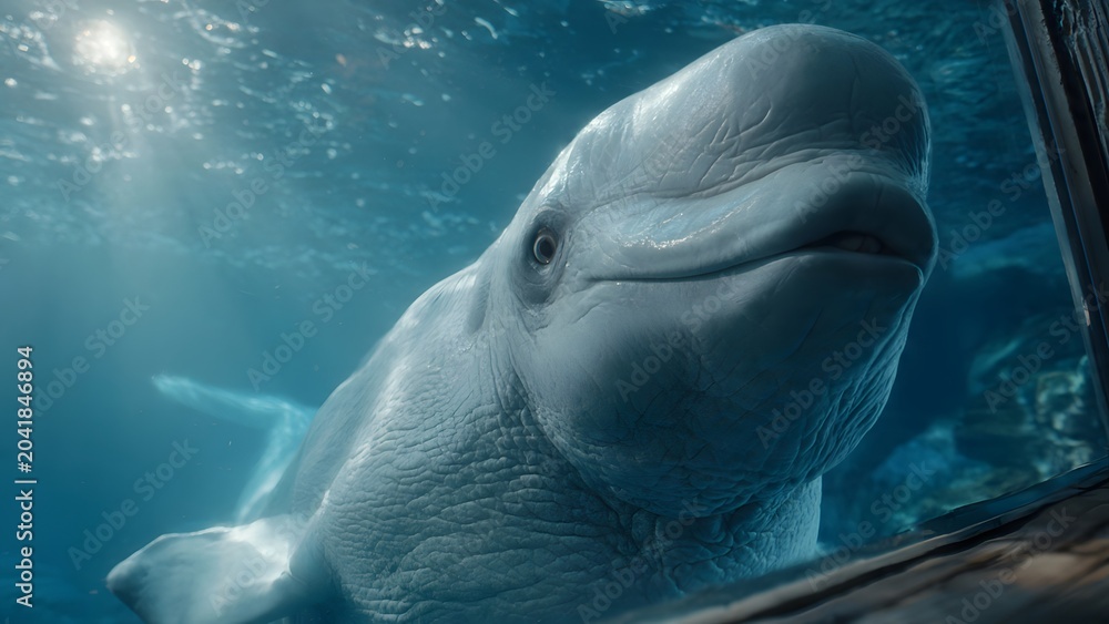 Fototapeta premium Curious Beluga Whale Near Glass Viewing Window