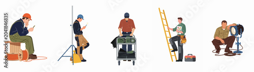 Fotografie Illustration of film production crew members and stagehands with professional equipment including lighting, cables, and tools, isolated on a white background
