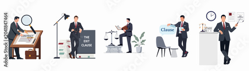 Tableau sur toile Set of flat illustrations showing a professional man analyzing contracts, focusing on exit clauses, and managing legal documents for business strategies