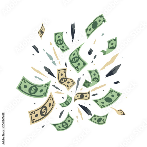 Schilderij op canvas A dynamic illustration showing paper currency exploding outward in the air