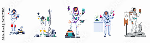 Foto Flat vector illustration of a diverse set of astronauts performing various space exploration, scientific research, and communication tasks on a white background