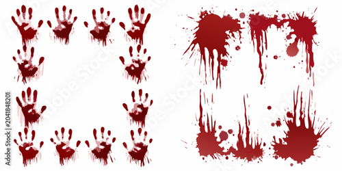 Tableau sur toile bloody handprints and blood splatters on white background red transparent vector