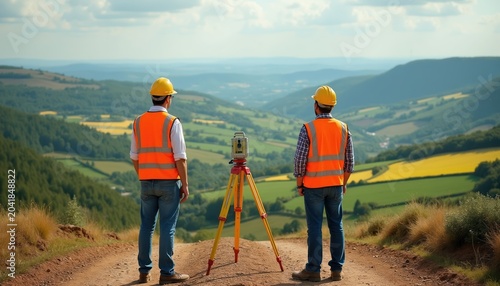 Two surveyors in safety vests, hard hats stand on dirt path. Theodolite sits on tripod between. Survey scenic valley with green fields, hills below. Planning new construction project on remote area.