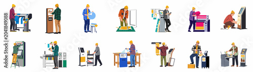 Collection of flat illustrations showing professional technicians working in a large format printing and signage shop environment.