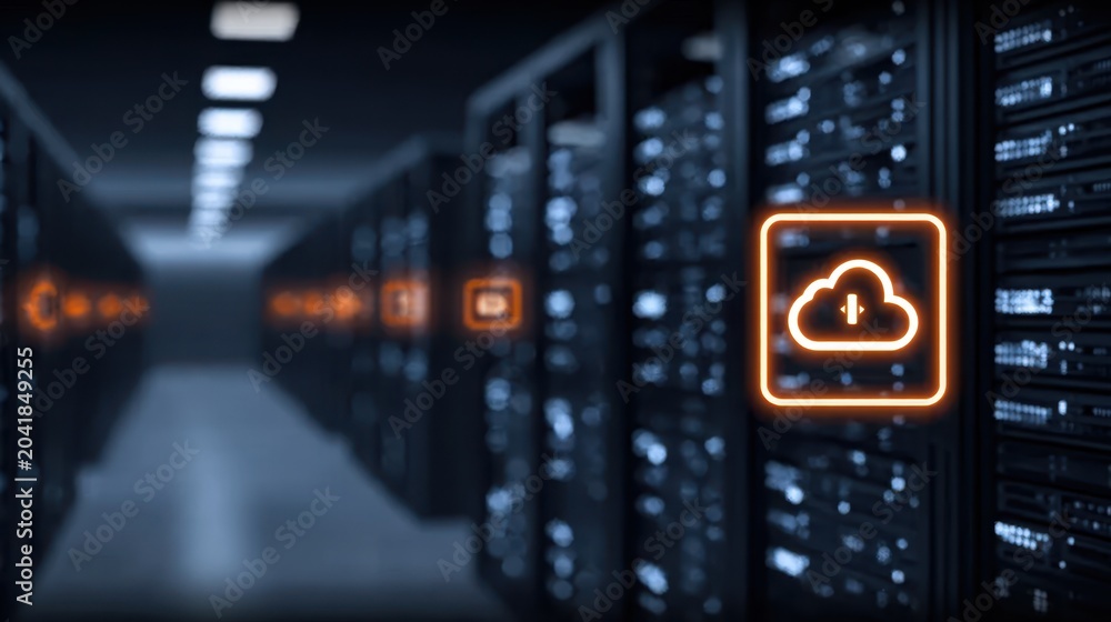Fototapeta premium Robust network design and server setups use a database and cloud computing for steady infrastructure performance and flow.