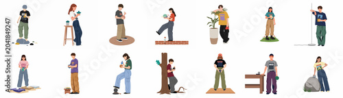 Diverse collection of young people in trendy streetwear and casual outfits, illustrated in a minimalist flat style for character design and fashion concepts.