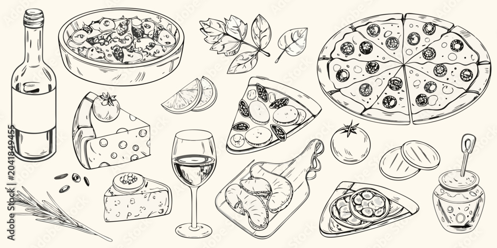 Fototapeta premium hand drawn sketch collection of italian food items pizza wine bottle cheese