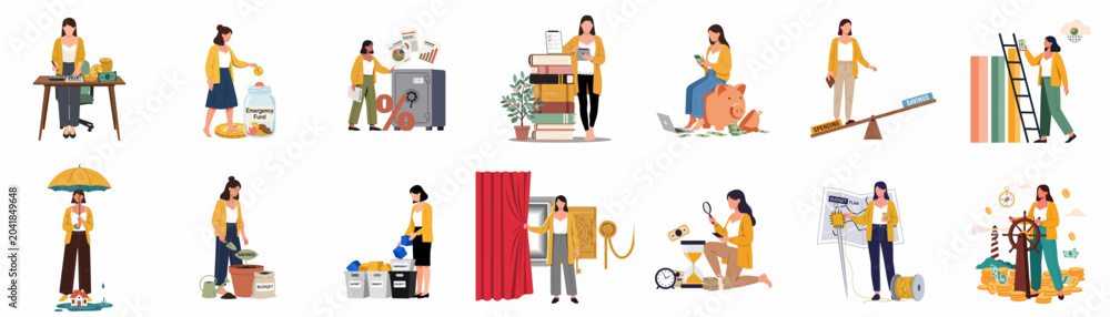 Fototapeta premium Collection of Personal Finance and Money Management Flat Vector Illustrations Depicting Budgeting, Saving, Investing, and Financial Planning Concepts Featuring a Young Woman.