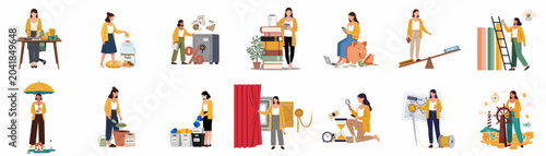 Collection of Personal Finance and Money Management Flat Vector Illustrations Depicting Budgeting, Saving, Investing, and Financial Planning Concepts Featuring a Young Woman.