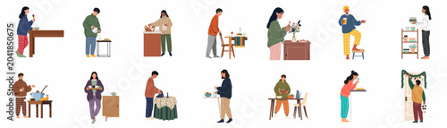 Tableau sur toile Diverse collection of people in cozy pajamas performing various daily household activities, cooking, eating, and decorating their homes