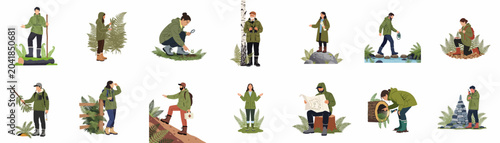 Obraz na płótnie Flat illustration set of people enjoying outdoor activities in the forest, including hiking, birdwatching, and exploring nature