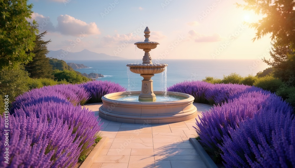 Obraz premium Stone fountain with tiers of cascading water sits amid vibrant lavender bushes. Rich green trees flank a serene ocean view with distant mountains under a warm sky.