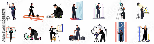Foto Vector set of professional crew members working with studio lighting, video cameras, projectors, and stage equipment in a modern flat illustration style