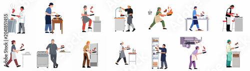 Bild auf Leinwand Collection of Professional Chefs Tossing and Cooking Steaks in Various Commercial Kitchen Environments, Vector Illustration Set
