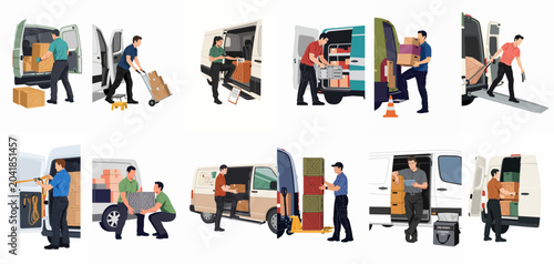 Photos Vector set of delivery service workers loading and unloading cardboard boxes and