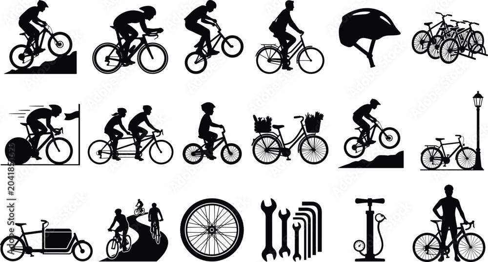Fototapeta premium Cycling and Bicycle Vector Silhouette Icons Collection for Outdoor Sports Design