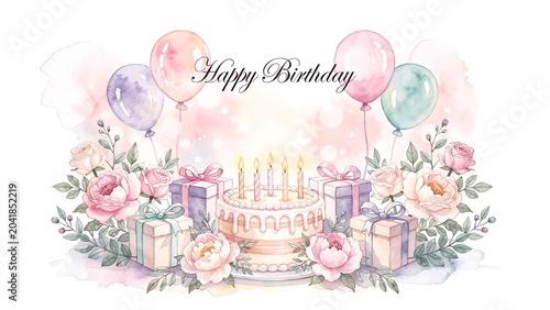 Watercolor happy birthday illustration with cake and flowers birthday watercolor balloons illustration artistic celebration