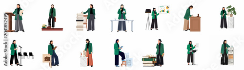 Set of Illustrations Featuring a Professional Woman in a Green Blazer Performing Various Business and Office Tasks for Presentations and Corporate Designs.