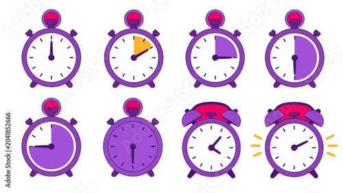 Cuadro en lienzo Set of purple stopwatch and alarm clock icons in flat vector style