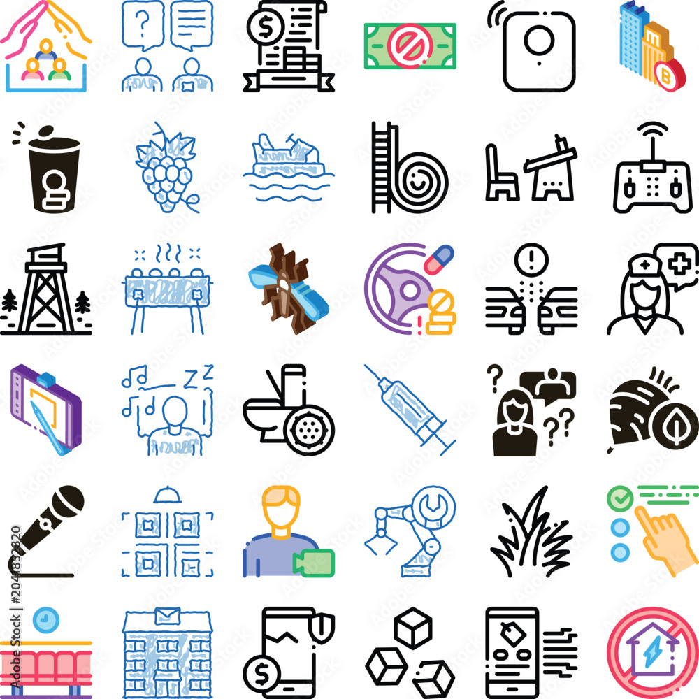 Fototapeta premium Variety of icons illustrating numerous concepts from business, technology, lifestyle, and health, providing visual representations for communication and design needs