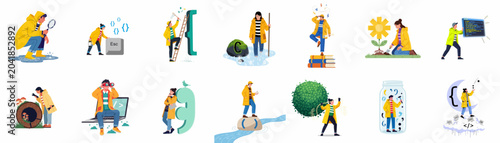 Photos Collection of metaphorical illustrations showing programmers in yellow raincoats exploring, debugging, and interacting with code symbols, binary data, and digital technology concepts