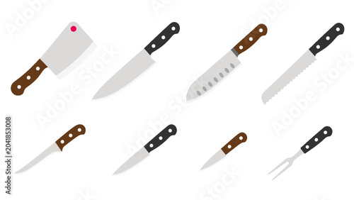 Fotografie Set of kitchen knives and carving fork in flat vector style