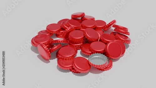 Red Metal Bottle Caps Scattered on Light Background Commercial Concept. 4K