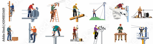 Collection of various professional linemen and electrical workers illustrations performing maintenance and repairs on power lines and infrastructure.