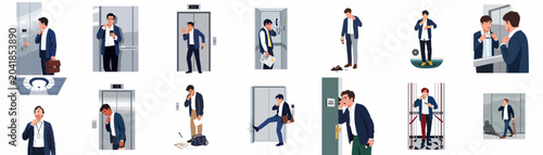 Foto Set of vector illustrations showing a businessman in various stressful and unfortunate situations at work, including being stuck in an elevator and spilling coffee
