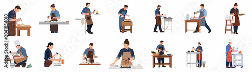 Quadro su tela Flat vector illustration set of professional chefs and pastry cooks using kitchen blowtorches to caramelize and finish various gourmet desserts on tables