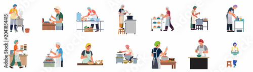 Photos Collection of diverse canteen staff and chefs in hairnets and aprons preparing, cooking, and serving food in a commercial kitchen setting illustration