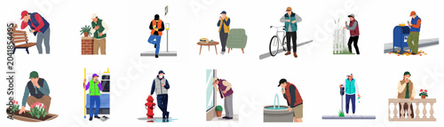 Tableau sur toile Flat illustration collection of a man using an asthma inhaler in various daily life situations, both indoors and outdoors, experiencing respiratory issues