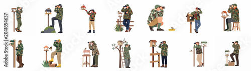 Foto Set of flat vector illustrations of birdwatchers in camouflage clothing observing small birds at feeders using binoculars on a white background
