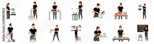 Set of illustrations showing a woman meal prepping by blanching vegetables, weighing food, and organizing healthy meals for a balanced fitness lifestyle.
