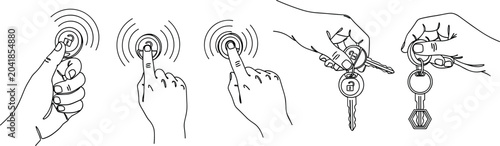 Vector Line Art Concept Illustrating Hands Pressing Remote Control Car Alarms and Holding Door House Keys for Real Estate Security Concept