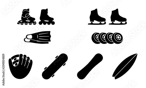 Canvas Print Sports Equipment Icons: Roller Skates, Ice Skates, Fins, Wheels, Mitt, Snowboard